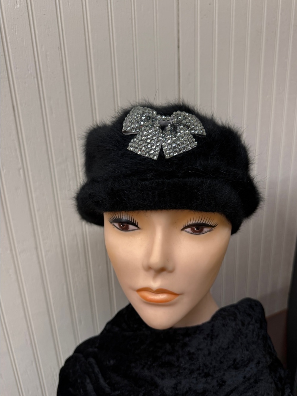 100% Angora Fur Black Fuzzy Winter Hat Rhinestone Bow vintage